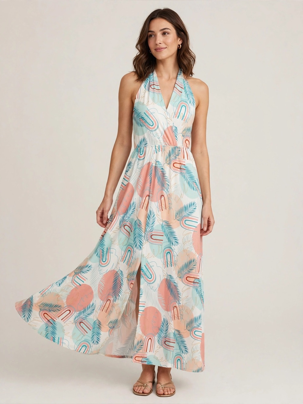 Tropical Halter Maxi Dress in Coral & Teal
